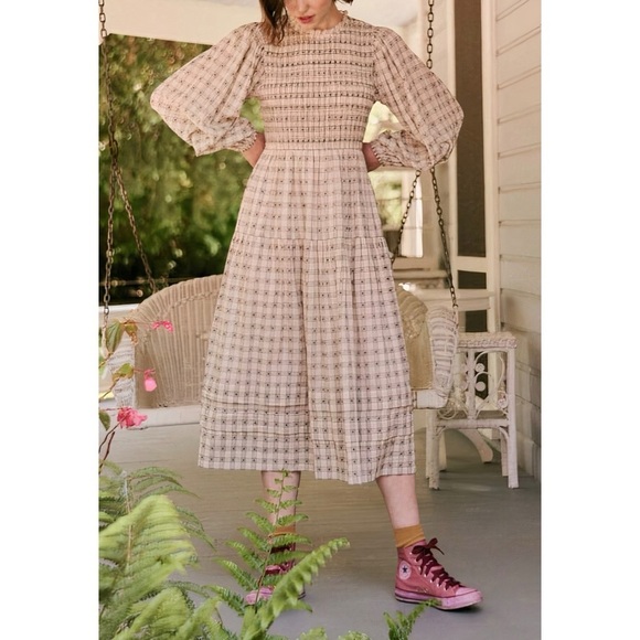 THE GREAT. Plaid Midi Long-Sleeve Smocked The Contessa Dress - Picture 1 of 7